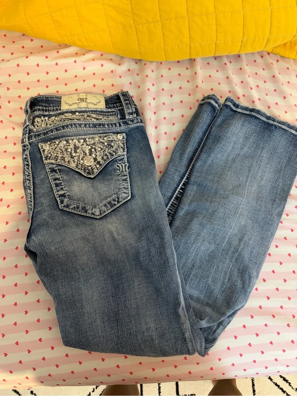 Miss Me Medium Blue Wash Boot Cut Jeans with Embellished Pockets